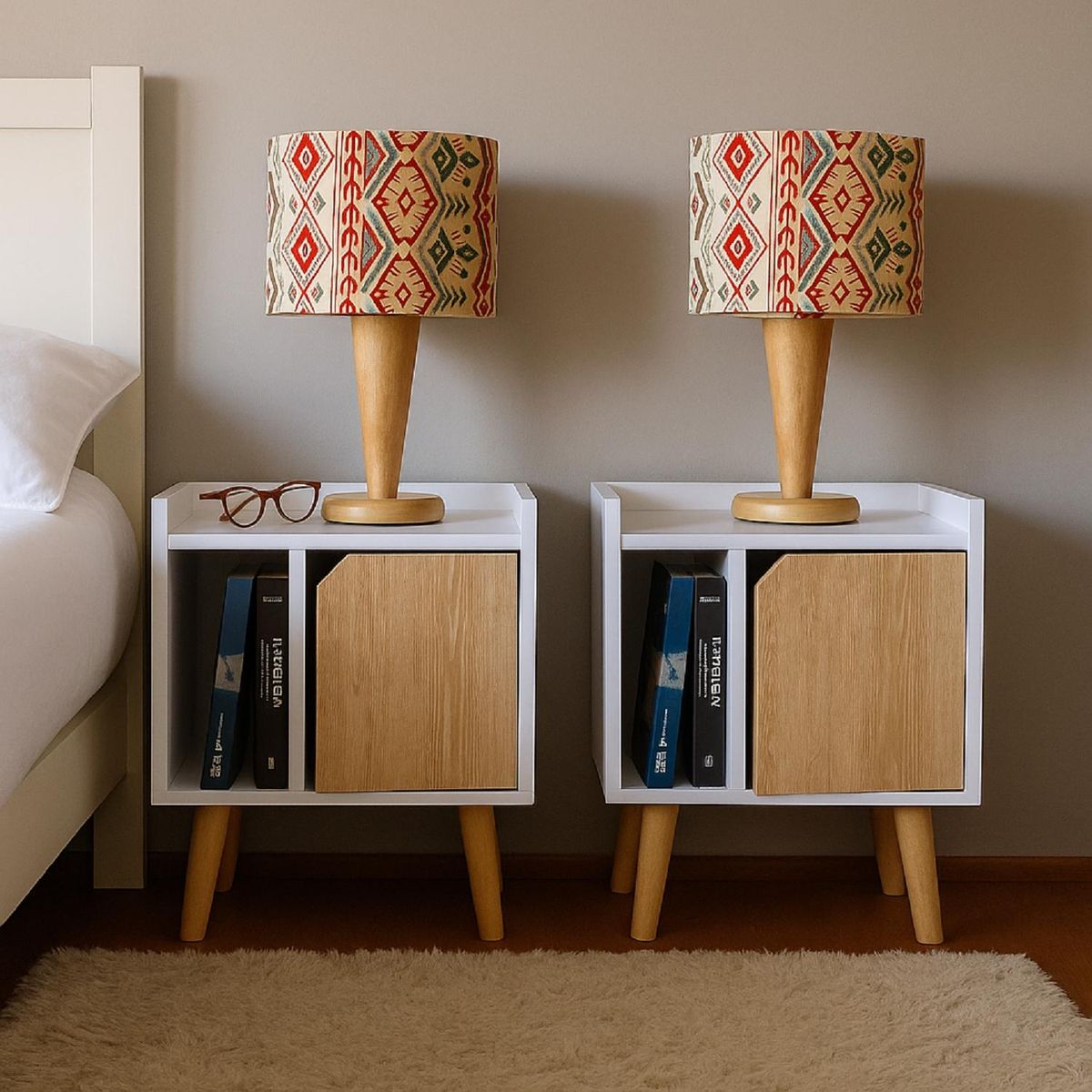 DKO DESIGN - Set X 2 Mesas de Noche Dreams (50X45X30) Blanca con puerta Vienes, pata en madera