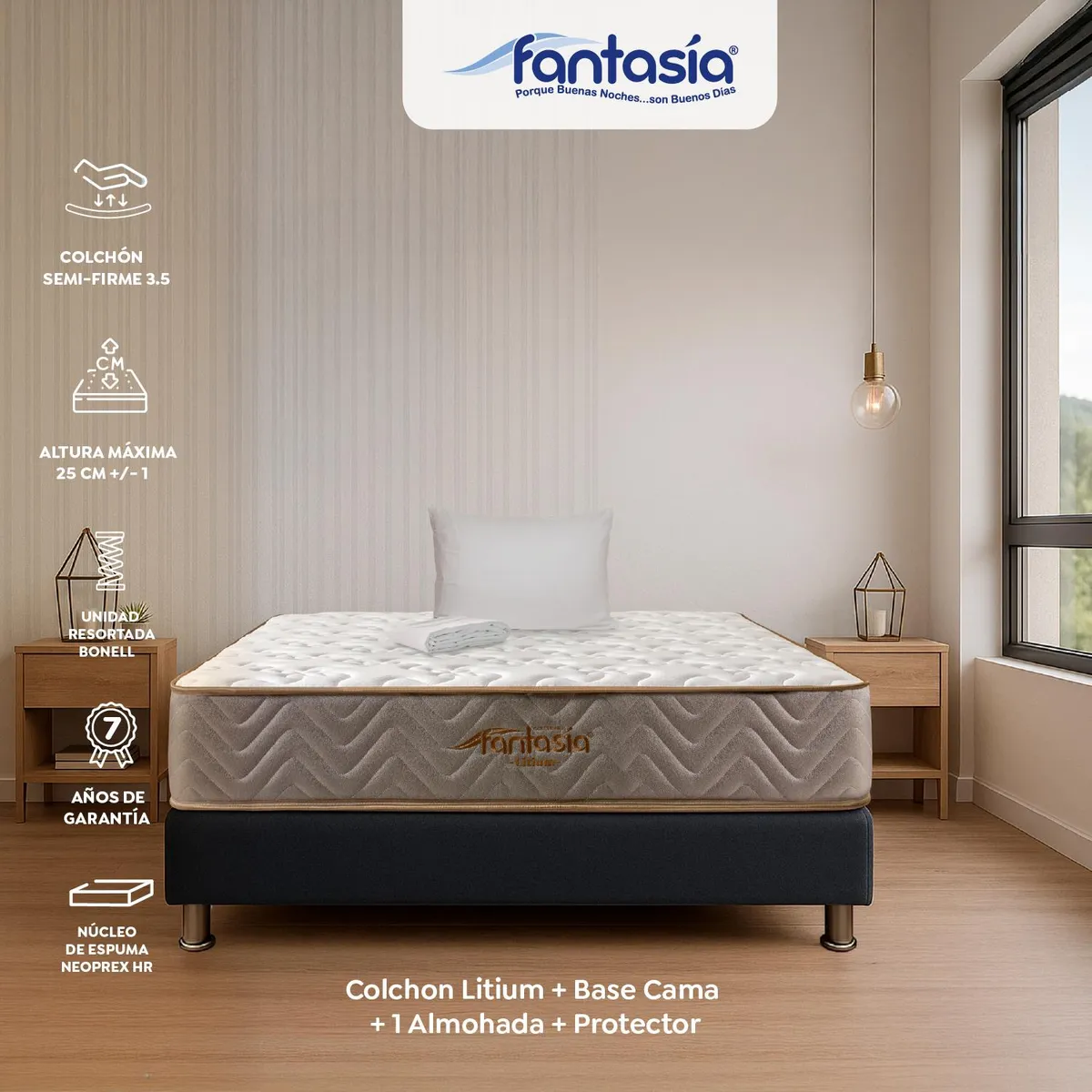 COLCHONES FANTASIA - Colchón con Base Cama Sencillo Firmeza Media Ortopédico Resortado Litium 100 x 190 cm Colchones Fantasía  Falabella