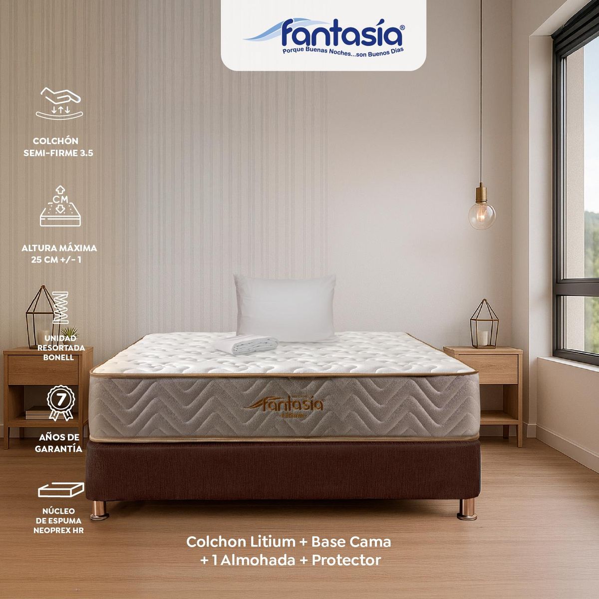 COLCHONES FANTASIA - Colchón con Base Cama Sencillo Firmeza Media Ortopédico Resortado Litium 100 x 190 cm Colchones Fantasía  Falabella