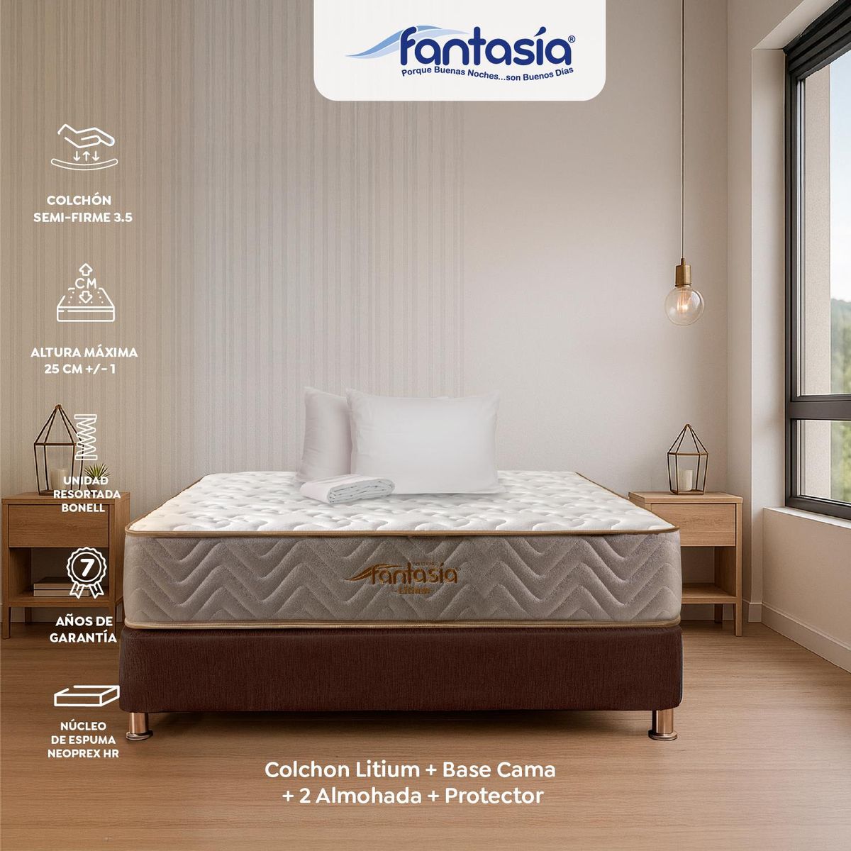 COLCHONES FANTASIA - Colchón con Base Cama Doble Firmeza Media Ortopédico Resortado Litium 140 x 190 cm Colchones Fantasía  Falabella