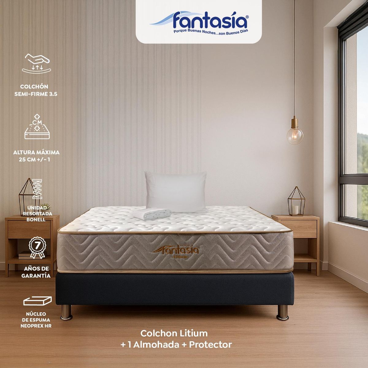 COLCHONES FANTASIA - Colchón Sencillo Firmeza Media Ortopédico Resortado Litium 100 x 190 cm + Almohada + Protector Colchones Fantasía  Falabella