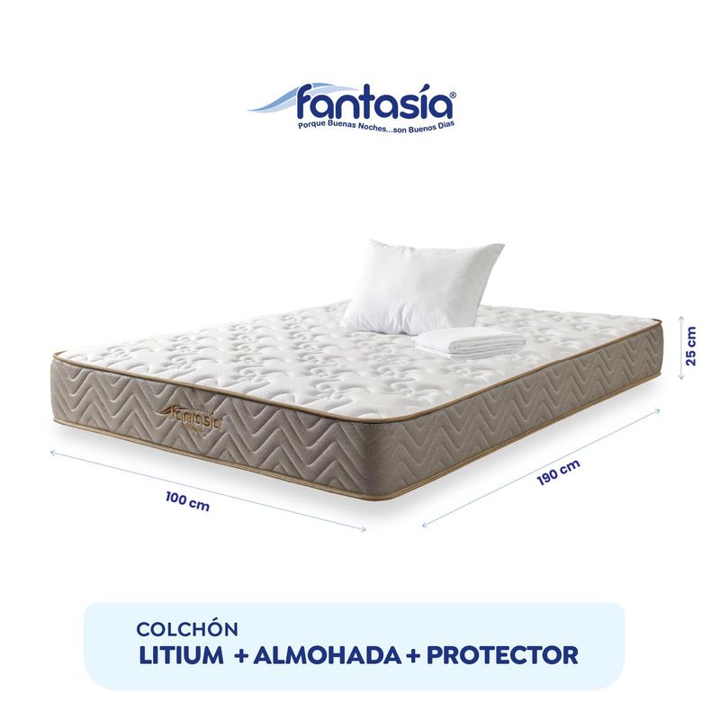 COLCHONES FANTASIA - Colchón Sencillo Firmeza Media Ortopédico Resortado Litium 100 x 190 cm + Almohada + Protector Colchones Fantasía - 0% Interés a 3 o 6 Cuotas Pagando con tu CMR Banco Falabella