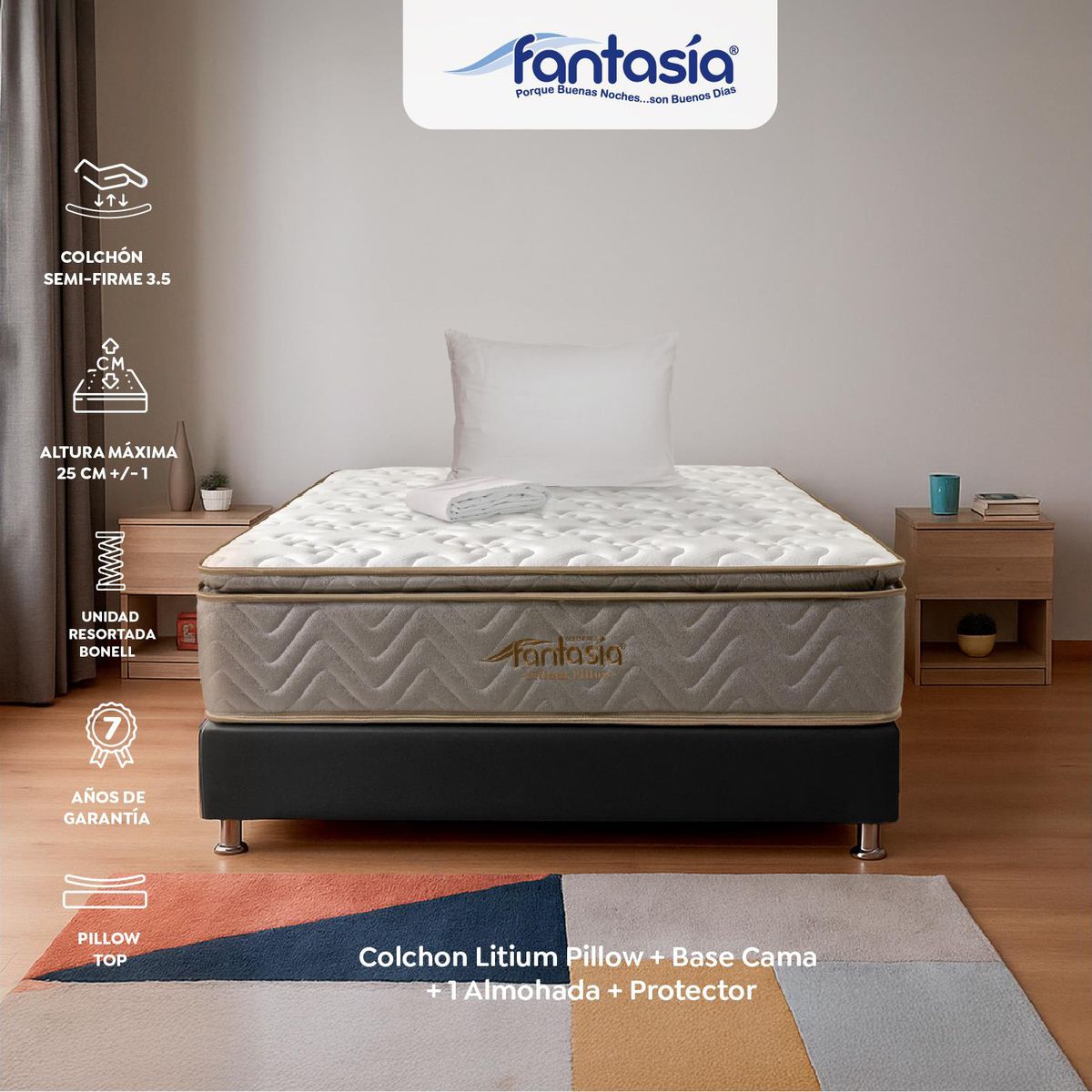 COLCHONES FANTASIA - Colchón con Base Cama Sencillo Firmeza Media Ortopédico con Pillow Resortado Litium 100 x 190 cm Colchones Fantasía  Falabella
