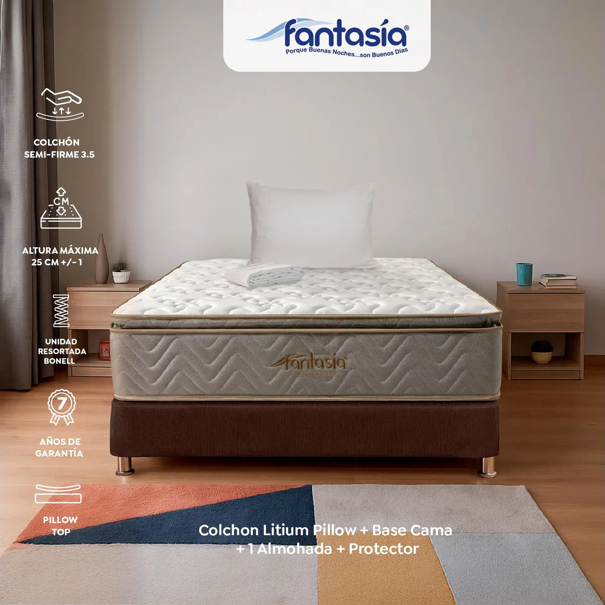 COLCHONES FANTASIA - Colchón con Base Cama Semidoble Firmeza Media Ortopédico con Pillow Resortado Litium 120 x 190 cm Colchones Fantasía  Falabella
