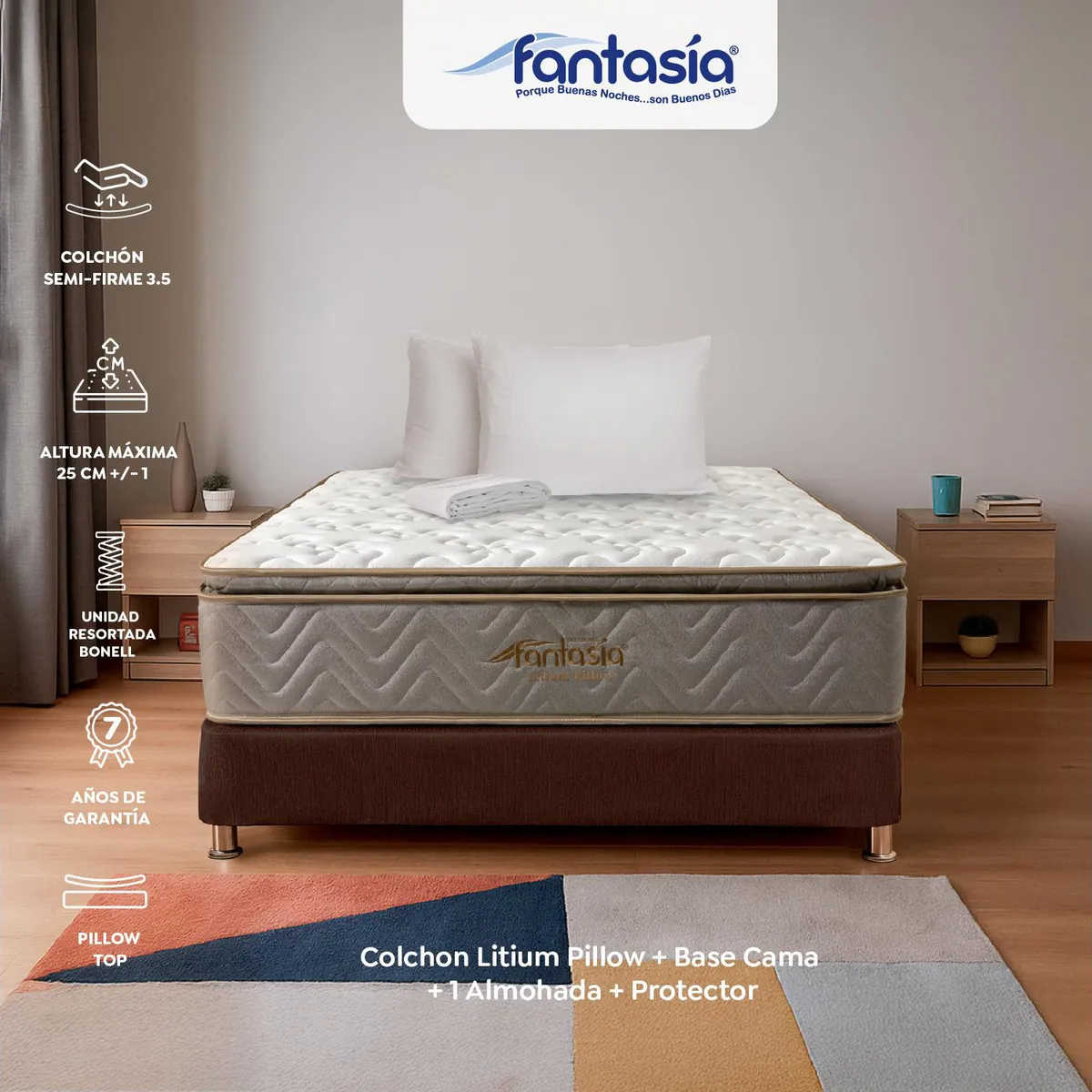 COLCHONES FANTASIA - Colchón con Base Cama Queen Firmeza Media Ortopédico con Pillow Resortado Litium 160 x 190 cm Colchones Fantasía