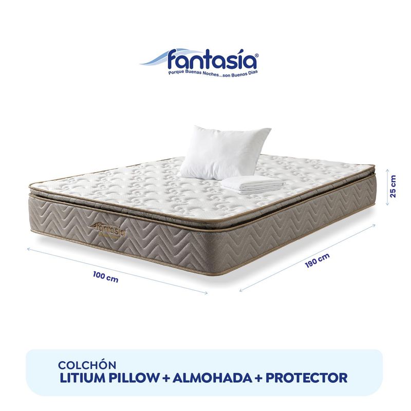 COLCHONES FANTASIA - Colchón Sencillo Firmeza Media Ortopédico con Pillow Resortado Litium Pillow 100 x 190 cm + Almohada + Protector Colchones Fantasía - 0% Interés a 3 o 6 Cuotas Pagando con tu CMR Banco Falabella