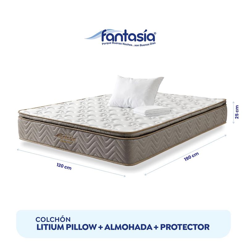 COLCHONES FANTASIA - Colchón Semidoble Firmeza Media Ortopédico con Pillow Resortado Litium Pillow 120 x 190 cm + Almohada + Protector Colchones Fantasía - 0% Interés a 3 o 6 Cuotas Pagando con tu CMR Banco Falabella