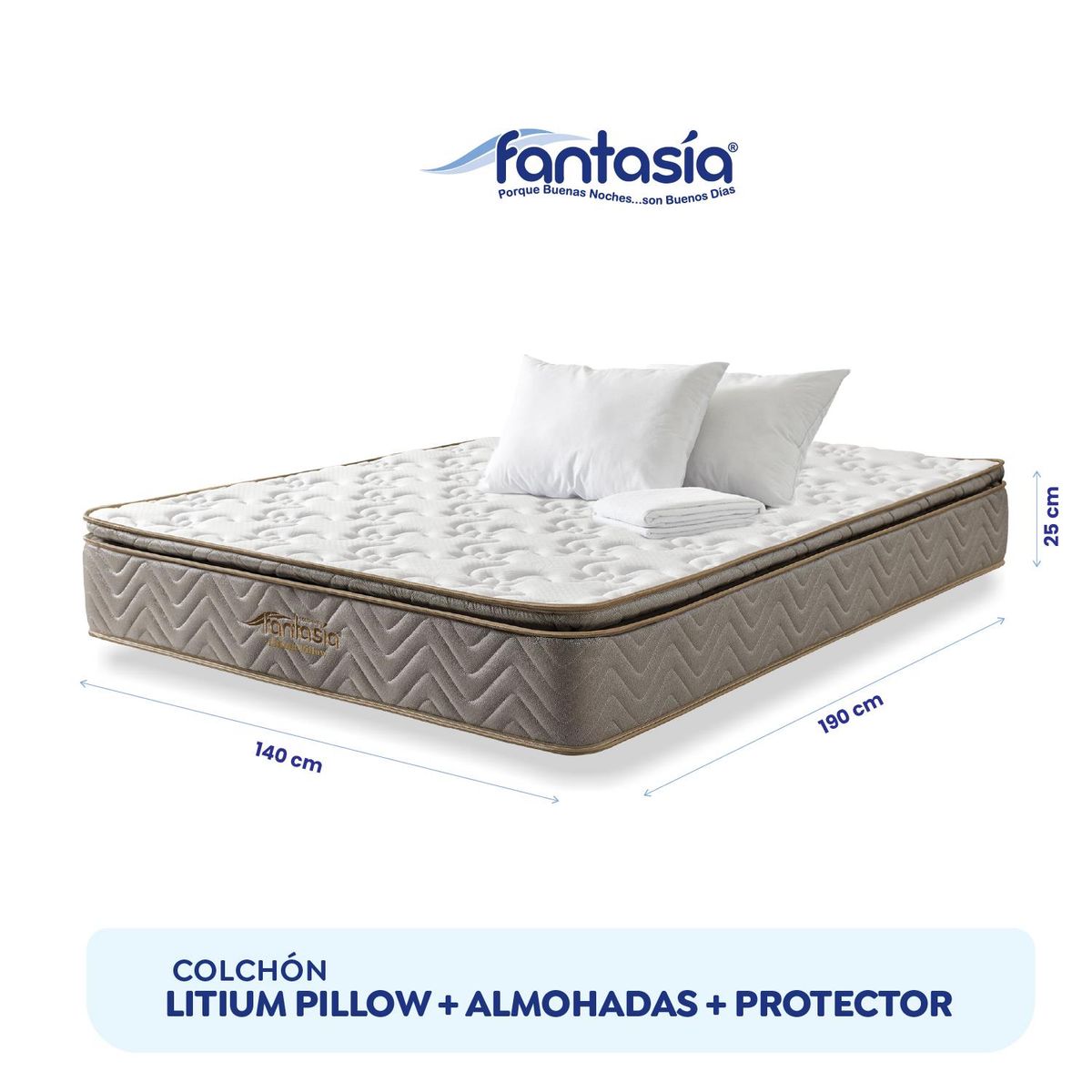 COLCHONES FANTASIA - Colchón Doble Firmeza Media Ortopédico con Pillow Resortado Litium Pillow 140 x 190 cm + 2 Almohadas + Protector Colchones Fantasía  Falabella