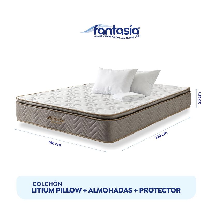 COLCHONES FANTASIA - Colchón Doble Firmeza Media Ortopédico con Pillow Resortado Litium Pillow 140 x 190 cm + 2 Almohadas + Protector Colchones Fantasía - 0% Interés a 3 o 6 Cuotas Pagando con tu CMR Banco Falabella