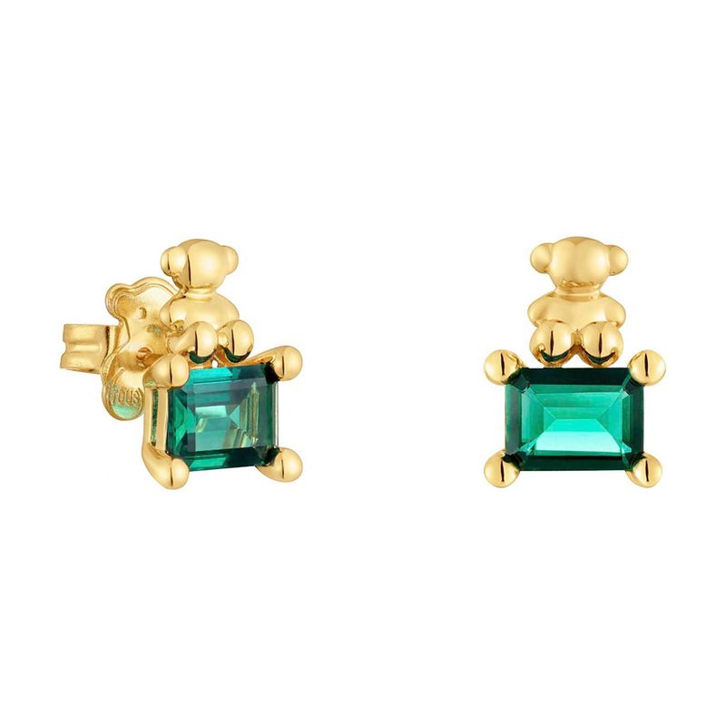 TOUS - Aretes motivo oso con baño de oro 18 kt sobre plata y esmeralda creada en laboratorio Bold Bear LGG