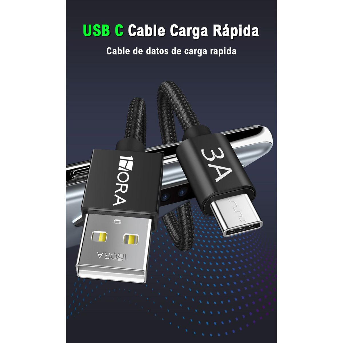 1 HORA - Cable USB a tipo C 3A Nylon trenzado 1Mt Carga Rápida 1 Hora