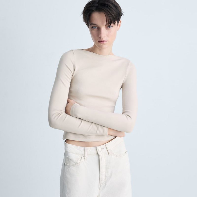 MANGO - Camiseta Mujer Manga larga de Algodón MANGO