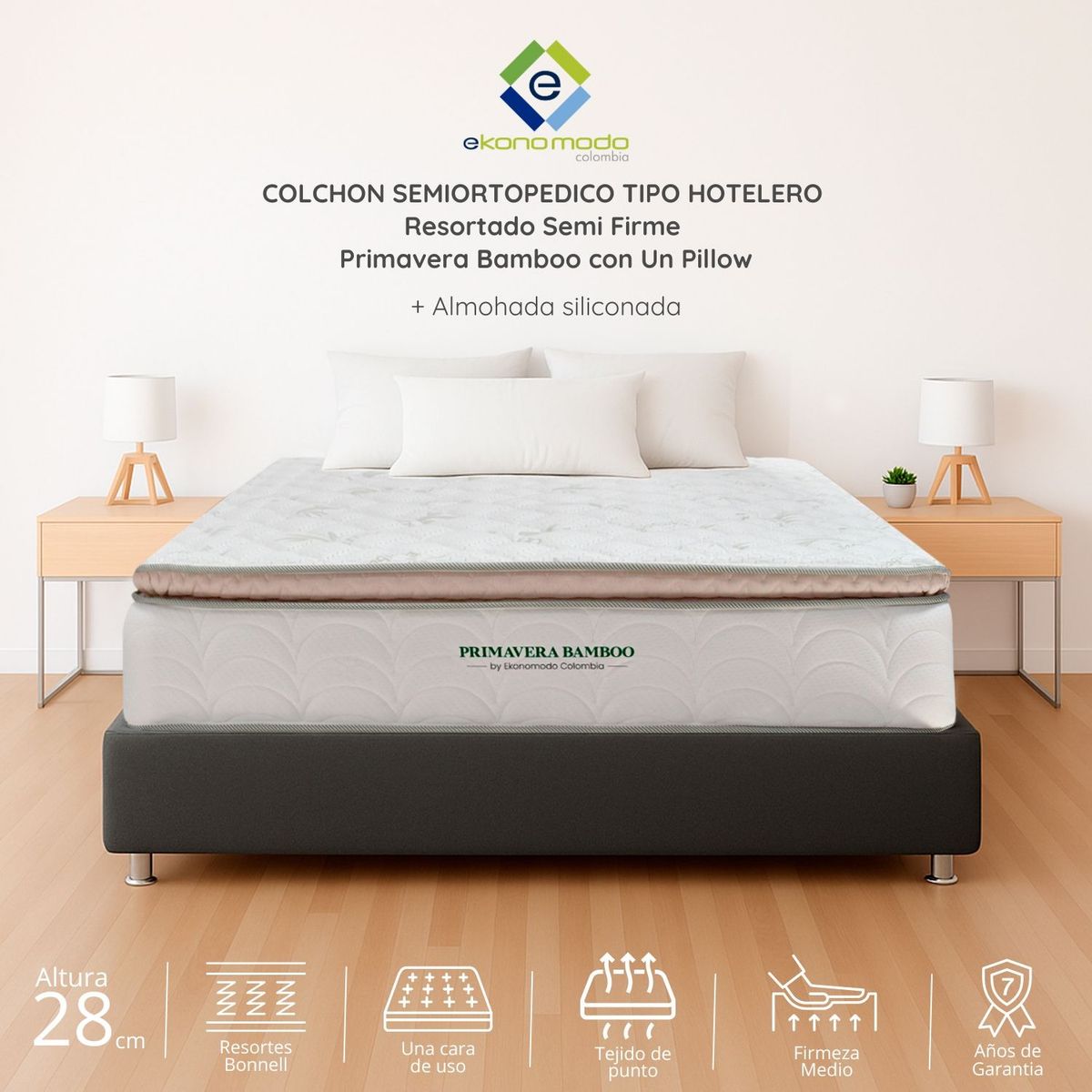 EKONOMODO - Colchón Doble Intermedio con Resortes PRIMAVERA BAMBOO 140 x 190 cm Ekonomodo Colombia