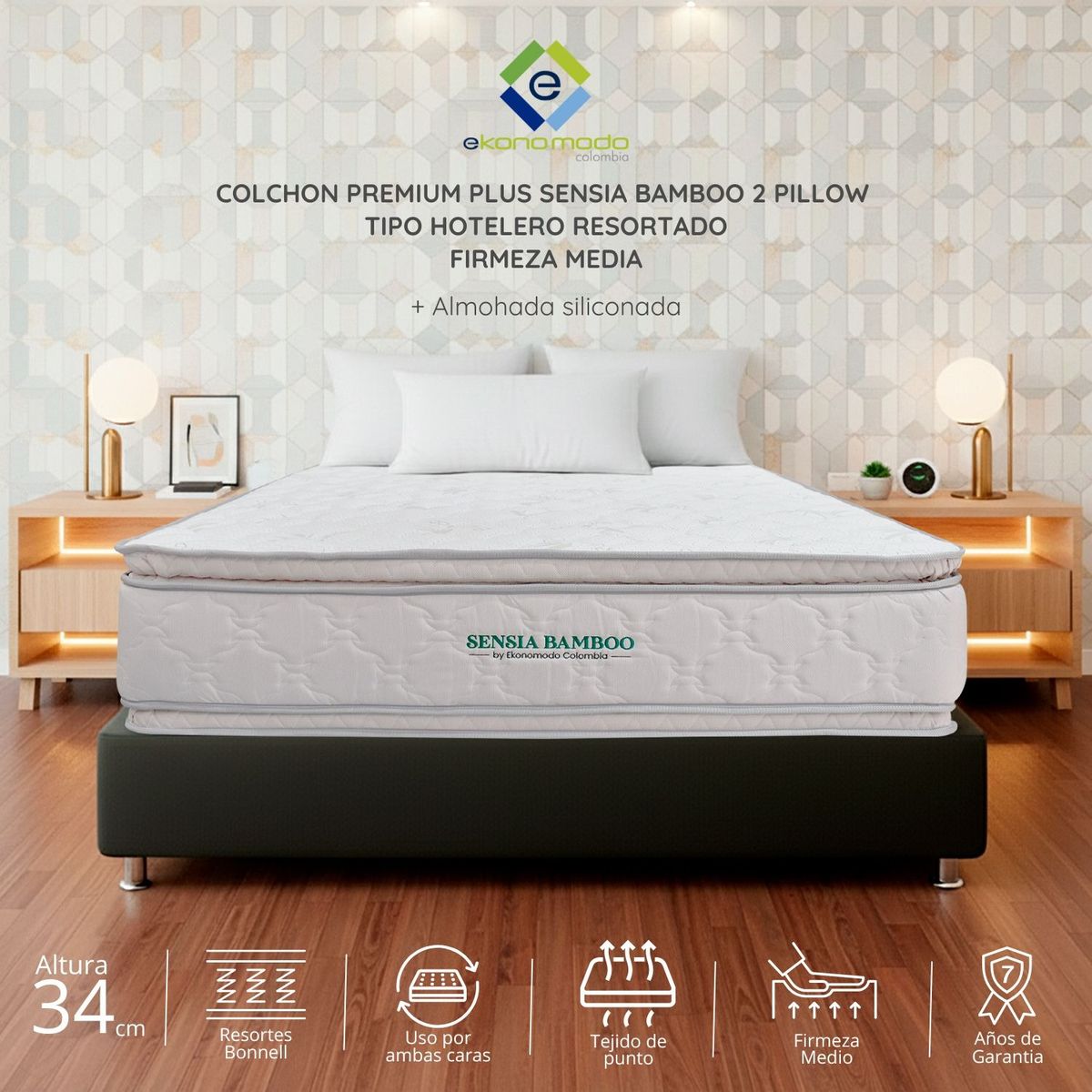 EKONOMODO - Colchón Queen Intermedio con Resortes SENSIA BAMBOO 160 x 190 cm Ekonomodo Colombia