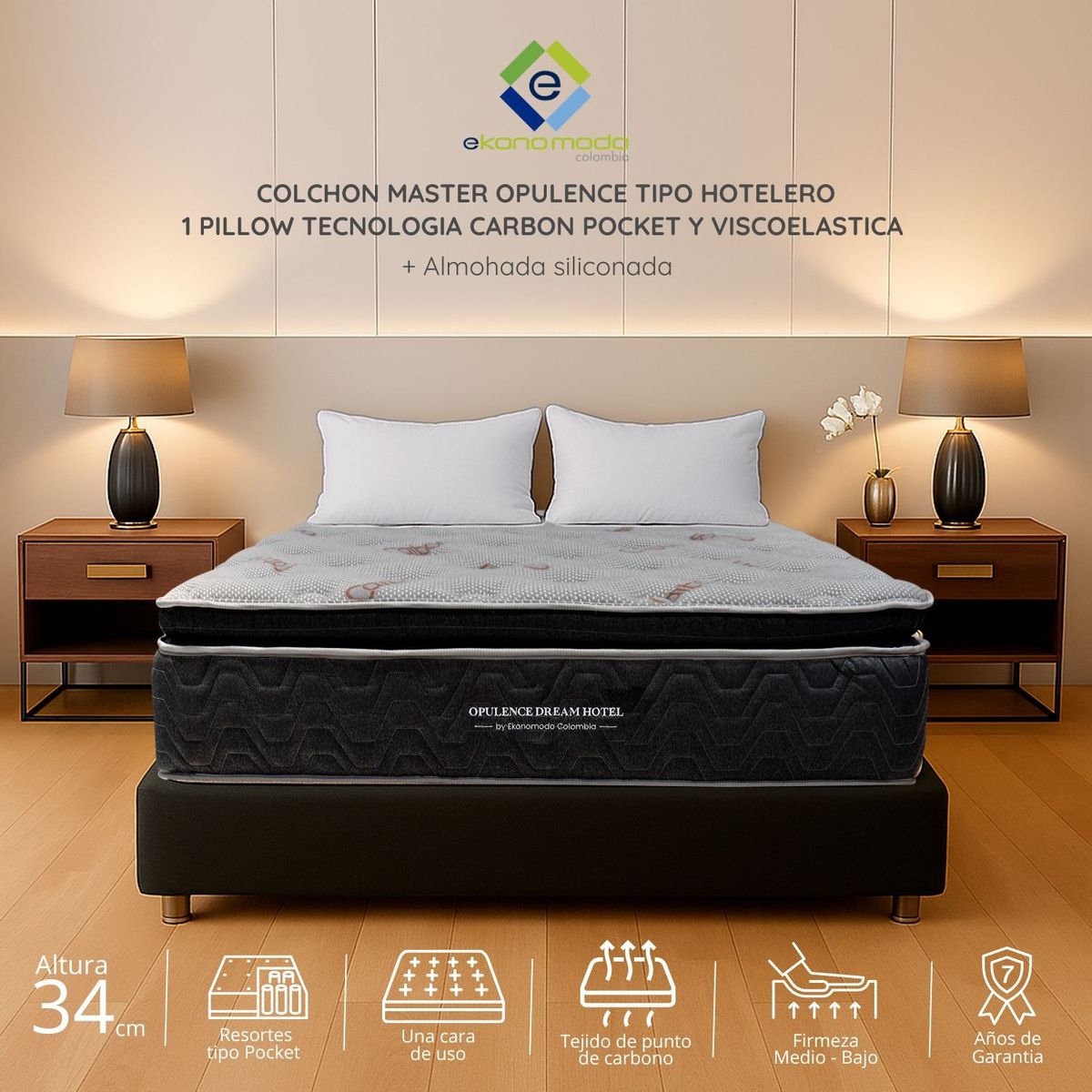 EKONOMODO - Colchón Semidoble Intermedio con Resortes Pocket OPULENCE POCKET 120 x 190 cm Ekonomodo Colombia