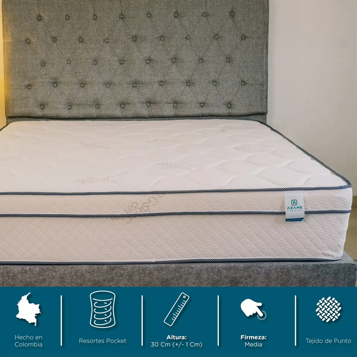 AZAME - Colchón Sencillo Firmeza Media Ortopédico con Pillow Resortado Luxury 100x190 cm Tela Anti-Flama Colchones Azame - Precio de Lanzamiento