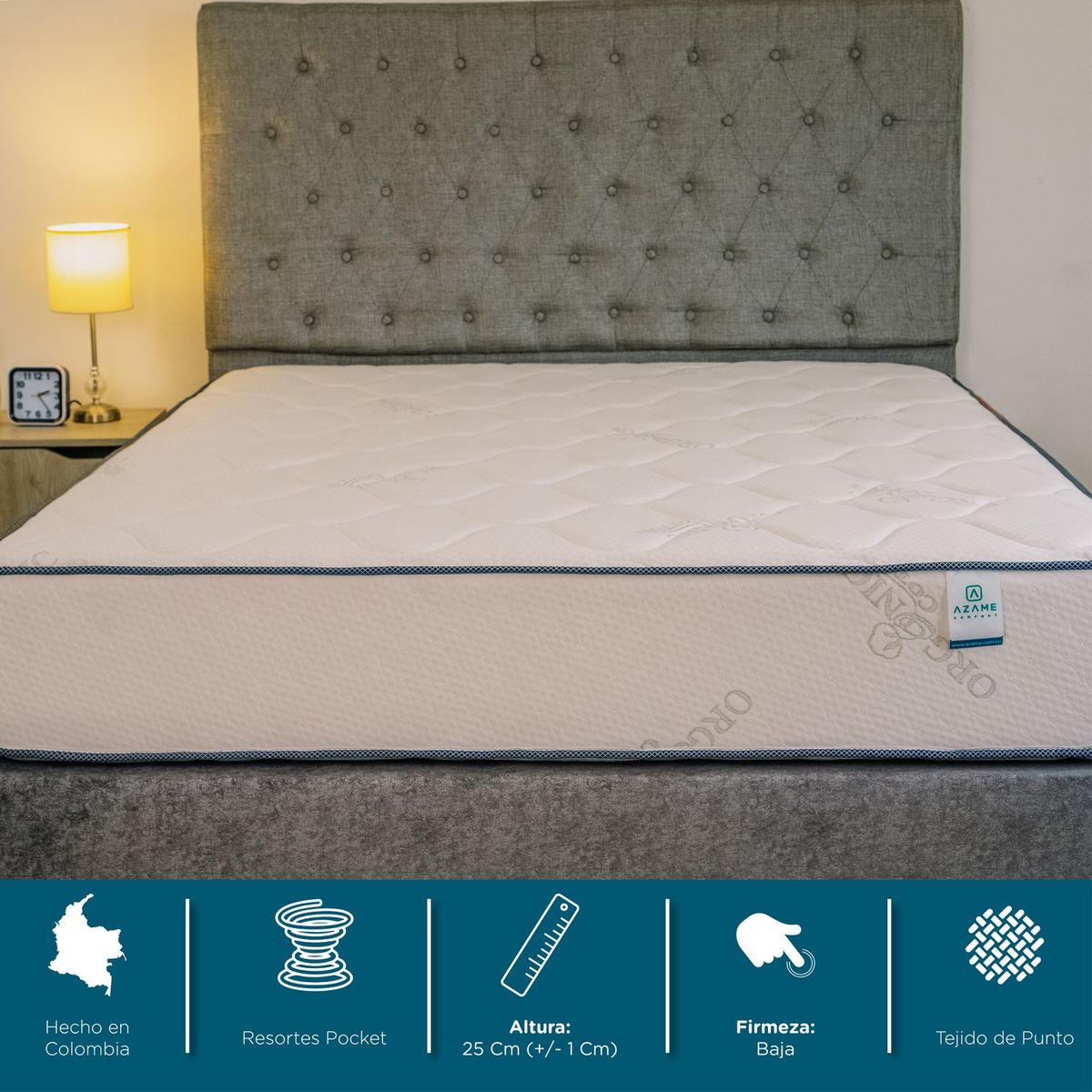 AZAME - Colchón Queen Firmeza Media Ortopédico Resortado Classic 160x190 cm Tela Anti-Flama Colchones Azame - Precio de Lanzamiento