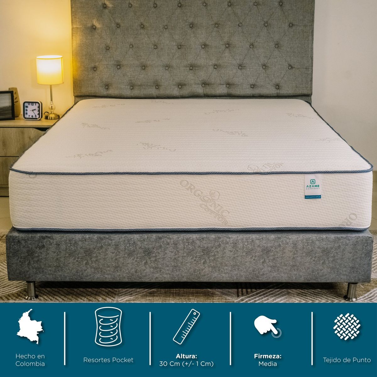 AZAME - Colchón King Firmeza Media Ortopédico Resortado Deluxe 200x200 cm Tela Anti-Flama Colchones Azame - Precio de Lanzamiento