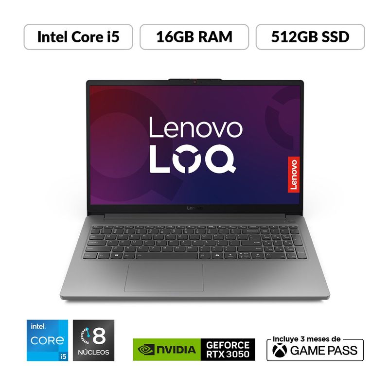 LENOVO - Portátil Gamer Lenovo LOQ| Geforce RTX 3050 |Intel Core i5 Serie HX | 16GB de RAM | 512GB SSD de Almacenamiento | Windows 11 | Pantalla 15.6 pulgadas | LOQ | Computador Portátil 