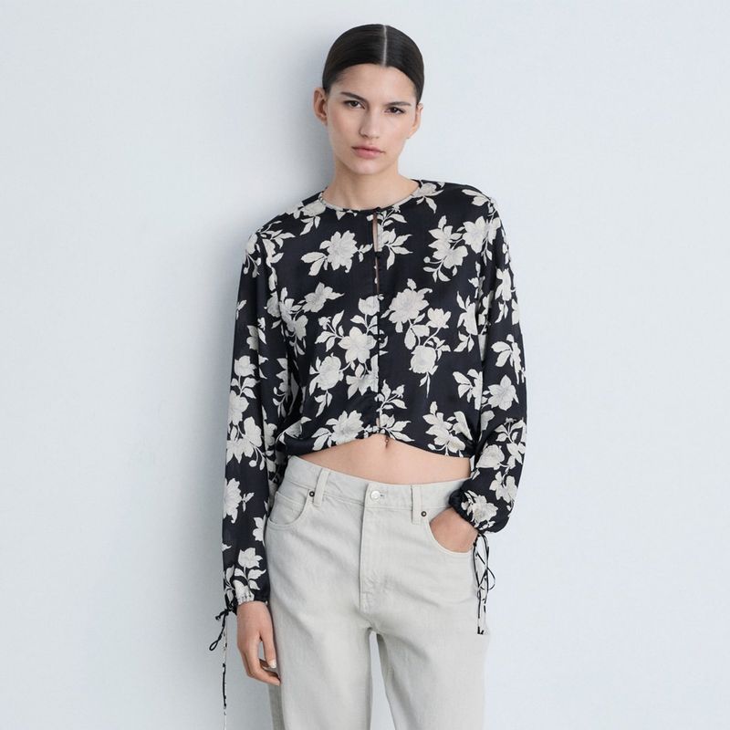 MANGO - Blusa Mujer Con Estampado Manga larga globo Mango