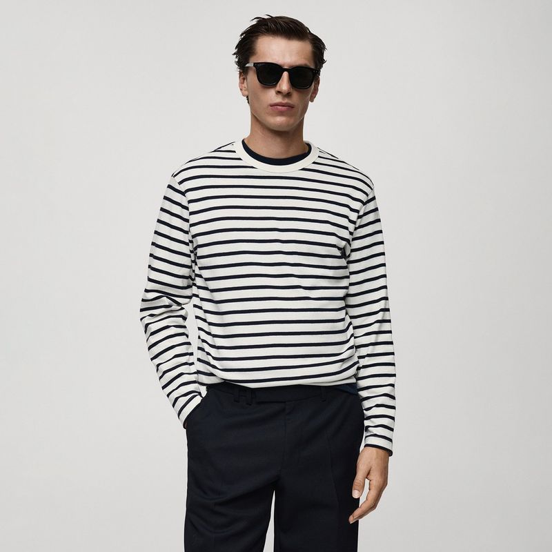 MANGO - Camiseta Hombre Manga larga de Rayas de Algodón MANGO