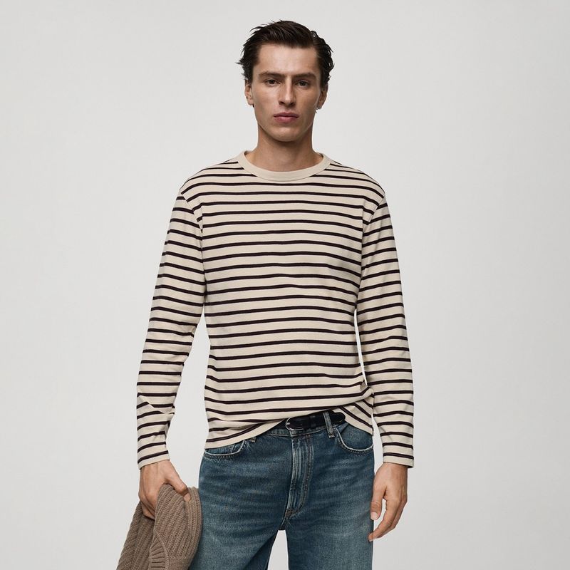 MANGO - Camiseta Hombre Manga larga de Rayas de Algodón MANGO