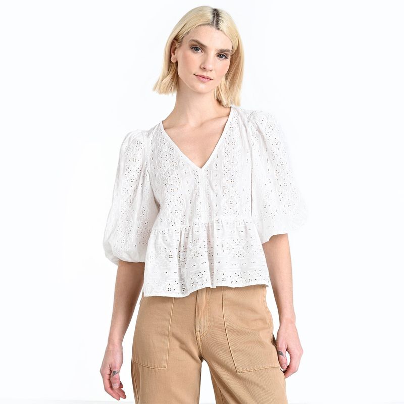 BASEMENT - Blusa Mujer Ojalillo Manga 3/4 de Algodón Basement
