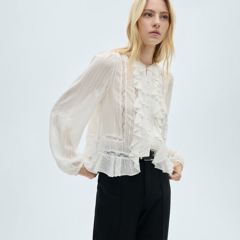 MANGO - Blusa Mujer de Rayas Manga larga globo Mango