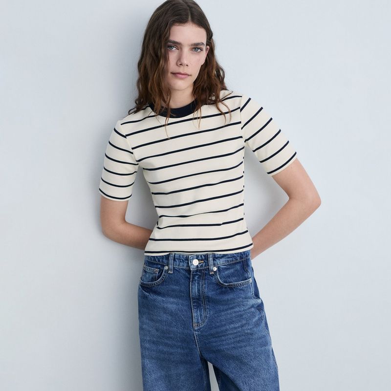 MANGO - Camiseta Mujer de Rayas Manga corta de Algodón Mango