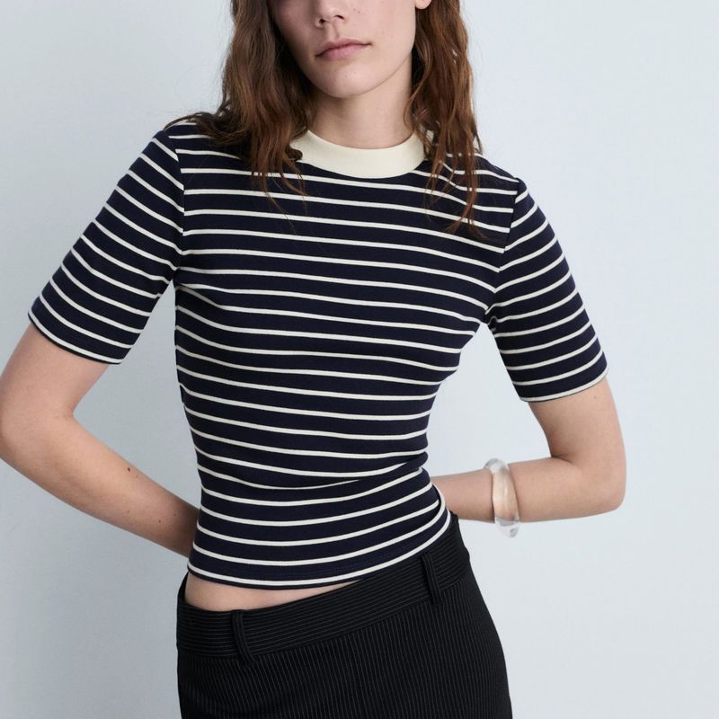MANGO - Camiseta Mujer de Rayas Manga corta de Algodón Mango
