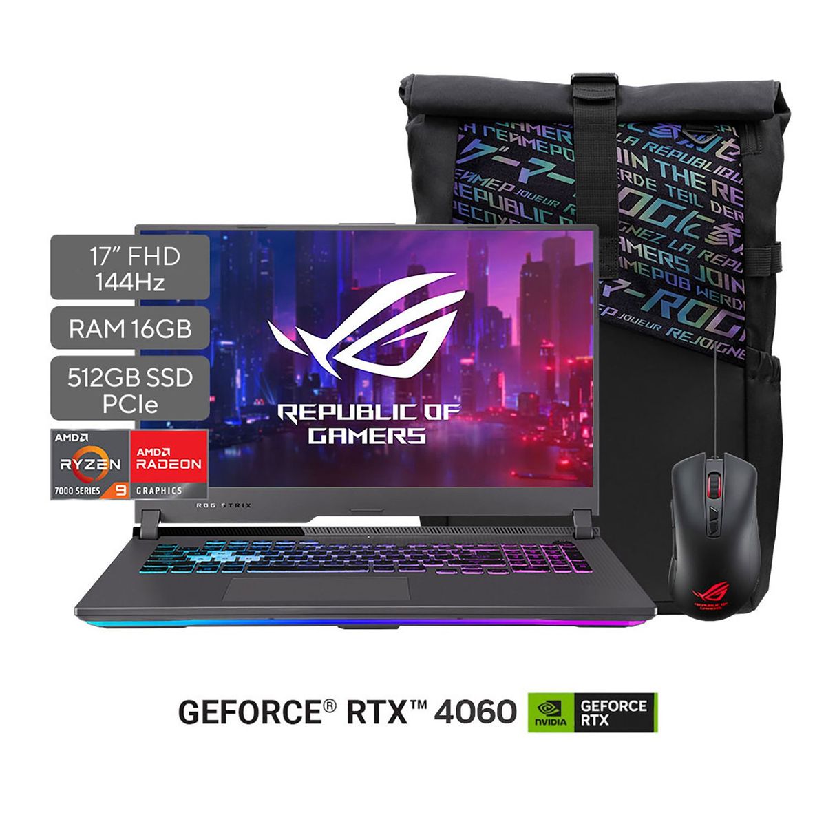 ASUS - Portátil Gamer ROG Strix G17 | GeForce RTX 4060 | AMD Ryzen 9 | 16GB de RAM | 512GB SSD de almacenamiento | Windows 11 | 17.3 Pulgadas | G713PV-HX160W | Computador Portátil Gamer