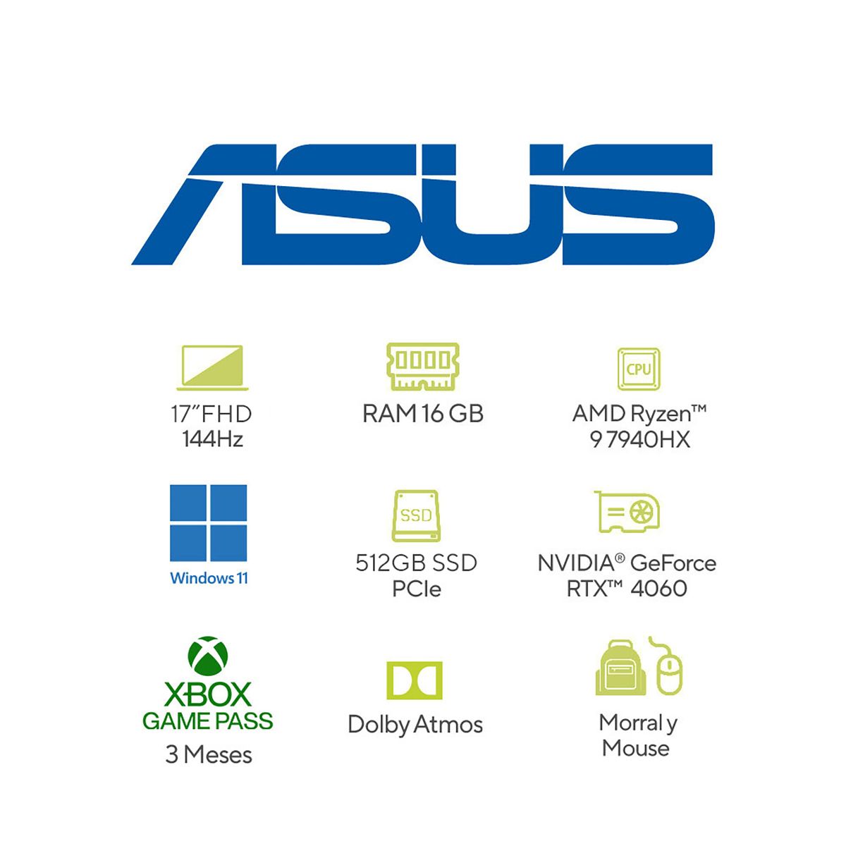 ASUS - Portátil Gamer ROG Strix G17 | GeForce RTX 4060 | AMD Ryzen 9 | 16GB de RAM | 512GB SSD de almacenamiento | Windows 11 | 17.3 Pulgadas | G713PV-HX160W | Computador Portátil Gamer