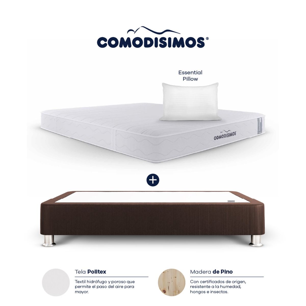 COMODISIMOS - Colchón con Base Cama Semidoble Firmeza Media Ortopédico Resortado  Línea Access 120 x 190 cm  + Almohada Comodisimos 