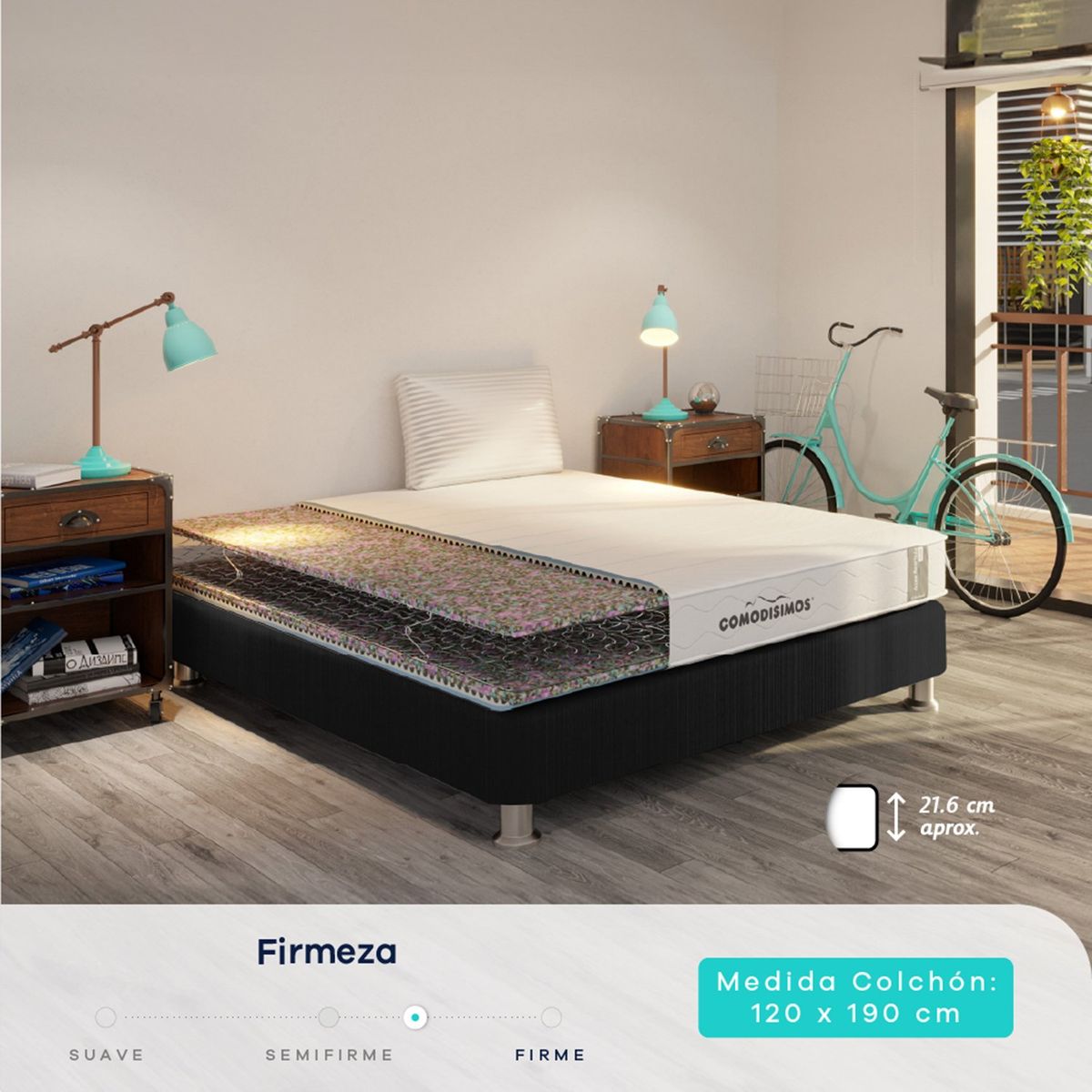 COMODISIMOS - Colchón con Base Cama Semidoble Firmeza Media Ortopédico Resortado  Línea Access 120 x 190 cm  + Almohada Comodisimos 