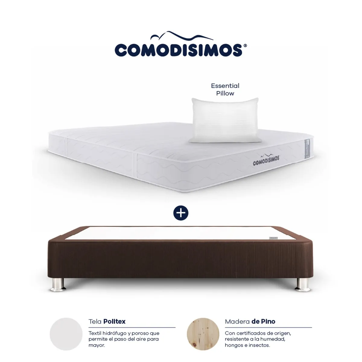 COMODISIMOS - Colchón con Base Cama Doble Firmeza Media Ortopédico Resortado  Línea Access 140 x 190 cm  + 2 Almohadas Comodisimos 