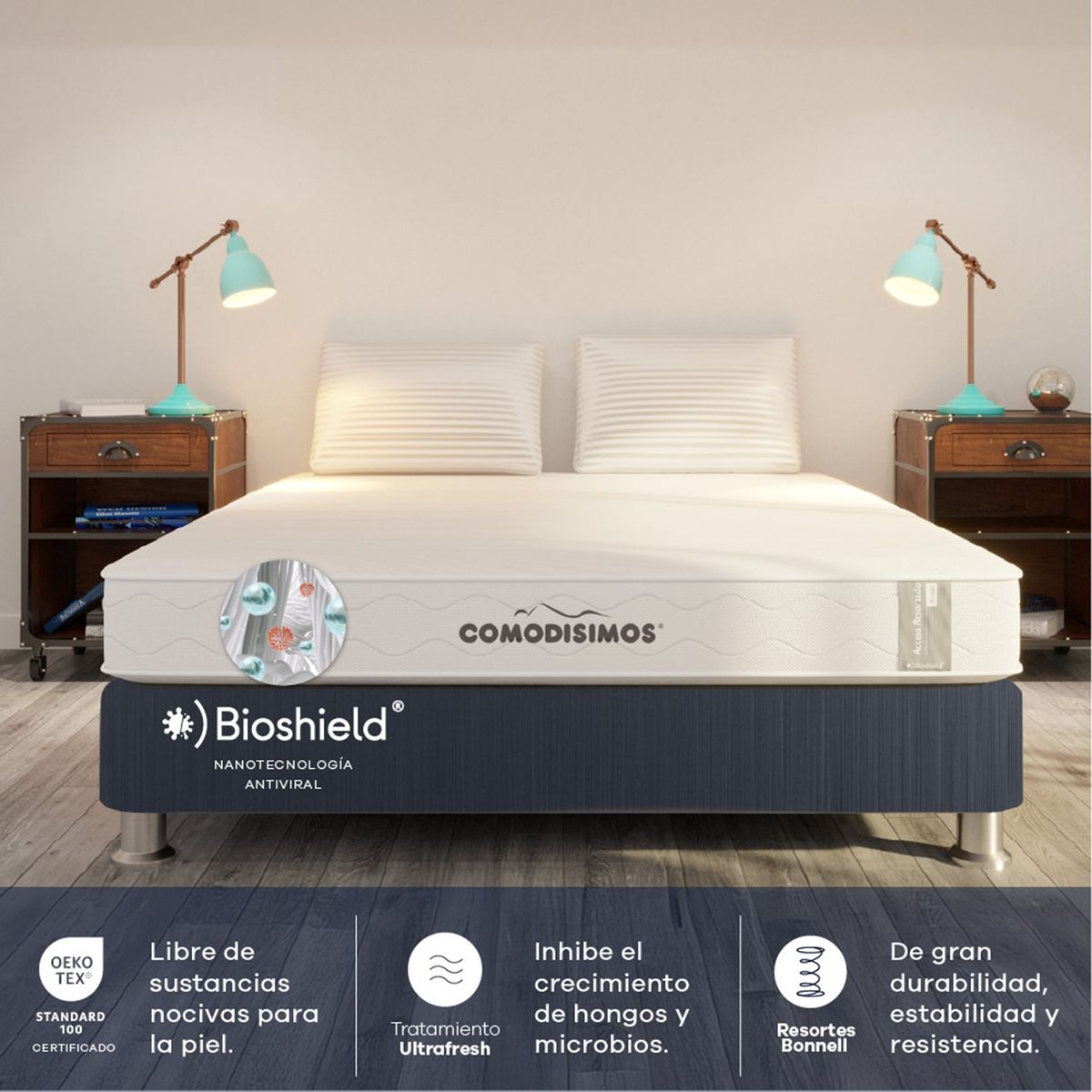 COMODISIMOS - Colchón con Base Cama Queen Firmeza Media Ortopédico Resortado  Línea Access 160 x 190 cm  + 2 Almohadas Comodisimos 