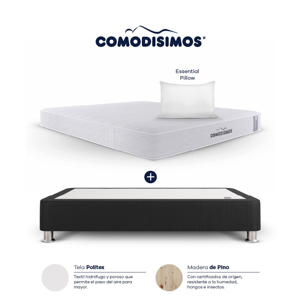 COMODISIMOS - Colchón con Base Cama Queen Firmeza Media Ortopédico Resortado  Línea Access 160 x 190 cm  + 2 Almohadas Comodisimos 