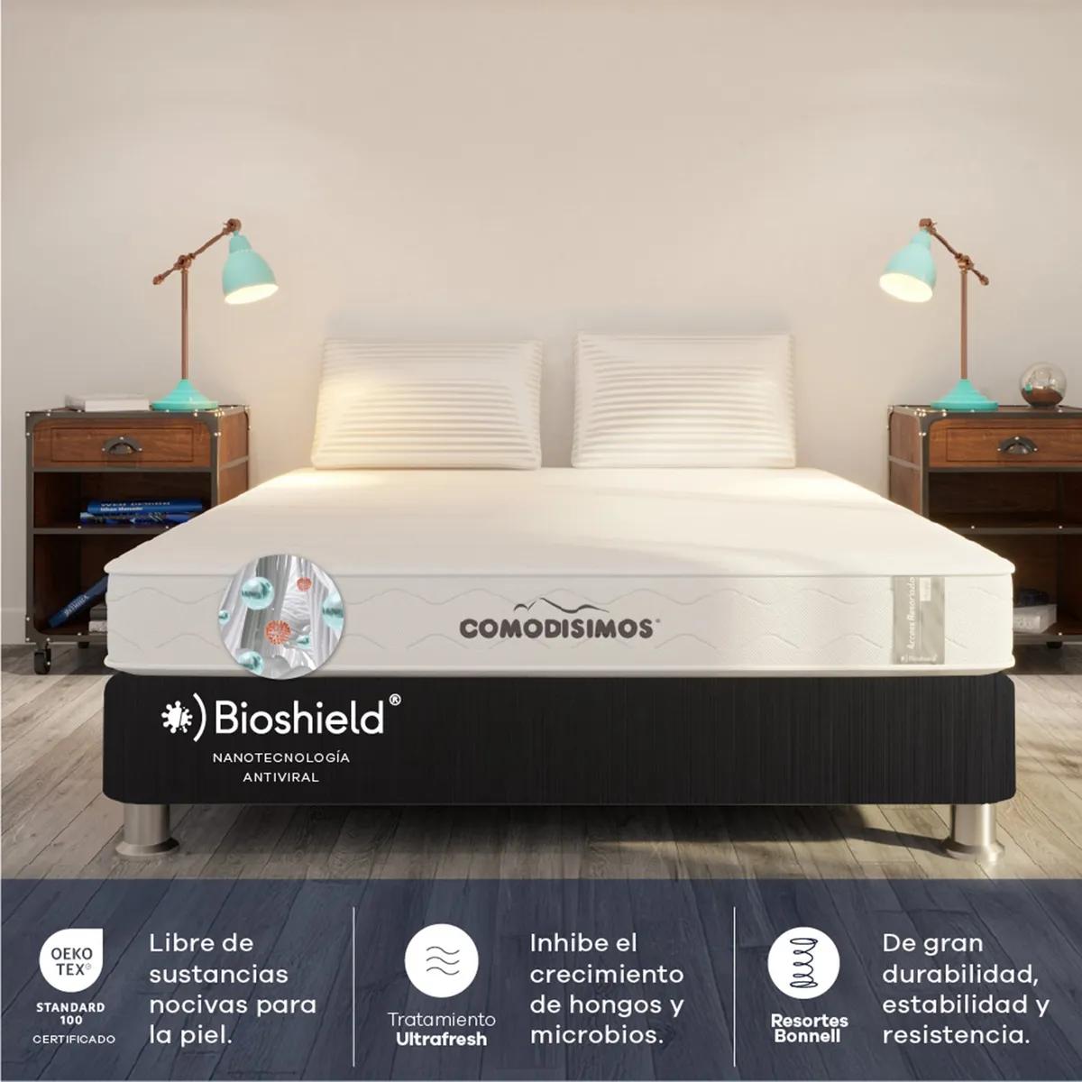 COMODISIMOS - Colchón con Base Cama Queen Firmeza Media Ortopédico Resortado  Línea Access 160 x 190 cm  + 2 Almohadas Comodisimos 