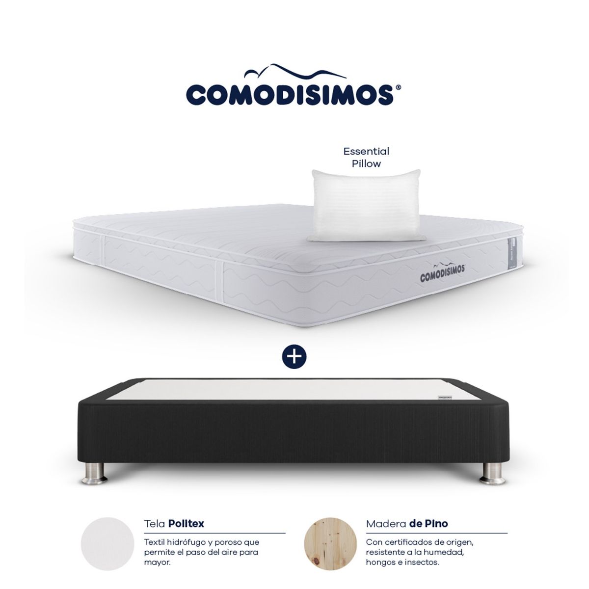 COMODISIMOS - Colchón con Base Cama Doble Firmeza Media Ortopédico Resortado con Pillow Línea Access 140 x 190 cm  + 2 Almohadas Comodisimos 