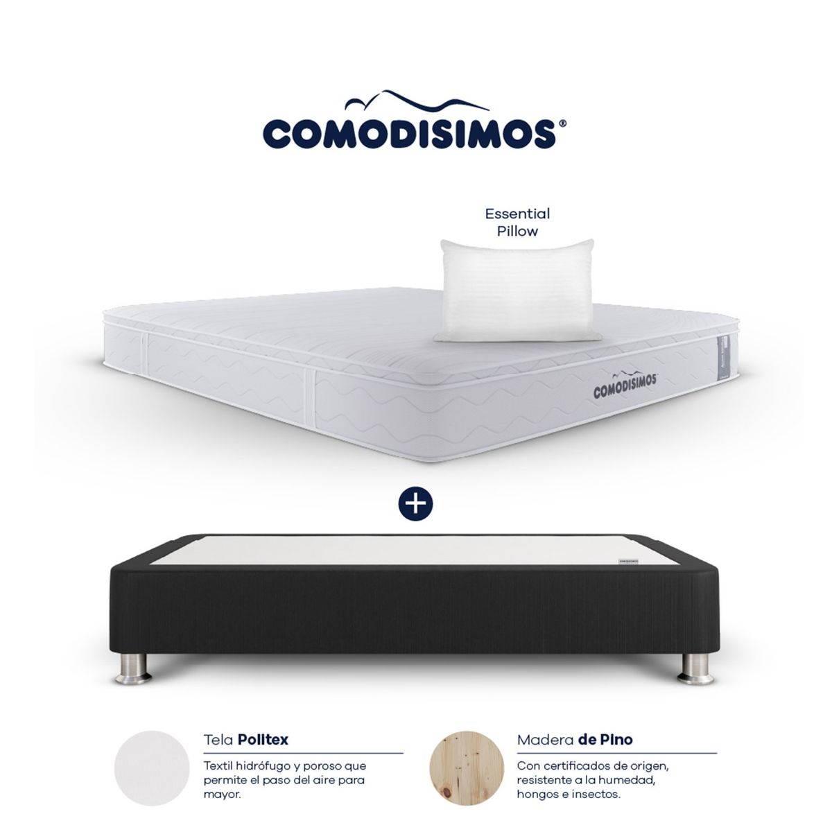 COMODISIMOS - Colchón con Base Cama Queen Firmeza Media Ortopédico Resortado con Pillow Línea Access 160 x 190 cm  + 2 Almohadas Comodisimos 