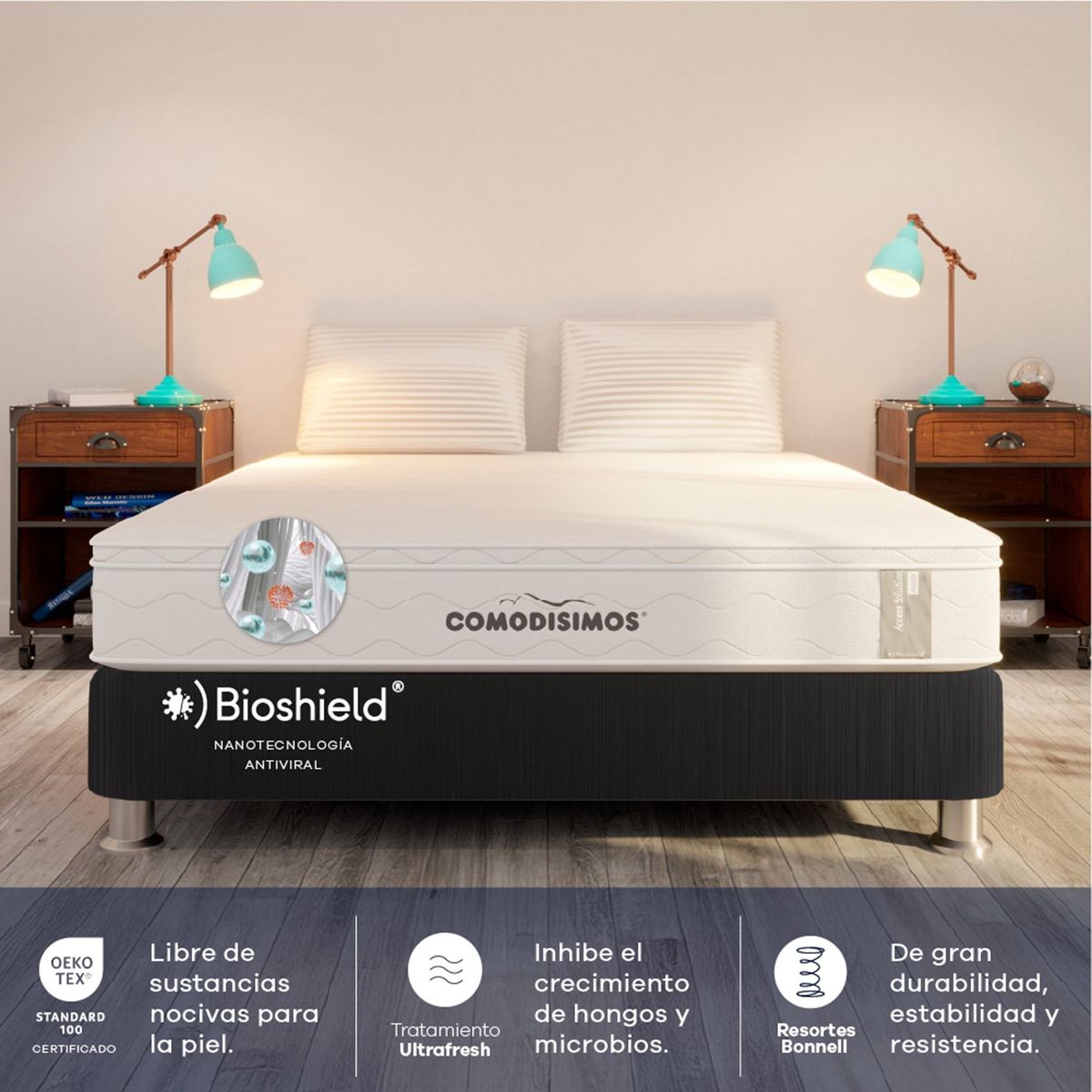 COMODISIMOS - Colchón con Base Cama Queen Firmeza Media Ortopédico Resortado con Pillow Línea Access 160 x 190 cm  + 2 Almohadas Comodisimos 