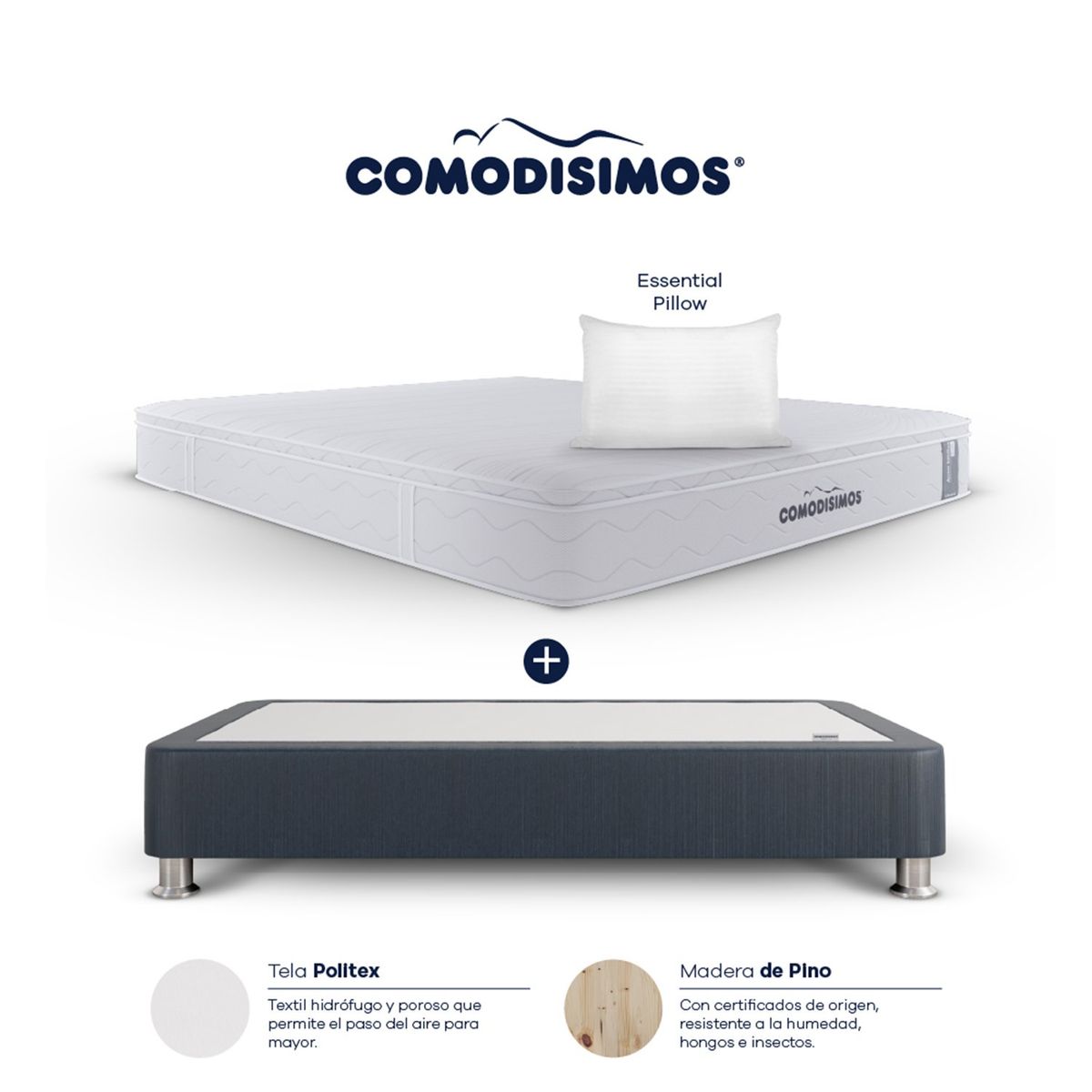 COMODISIMOS - Colchón con Base Cama Queen Firmeza Media Ortopédico Resortado con Pillow Línea Access 160 x 190 cm  + 2 Almohadas Comodisimos 