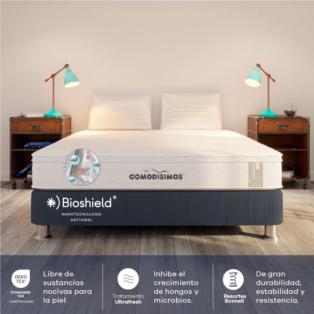 COMODISIMOS - Colchón con Base Cama Queen Firmeza Media Ortopédico Resortado con Pillow Línea Access 160 x 190 cm  + 2 Almohadas Comodisimos 