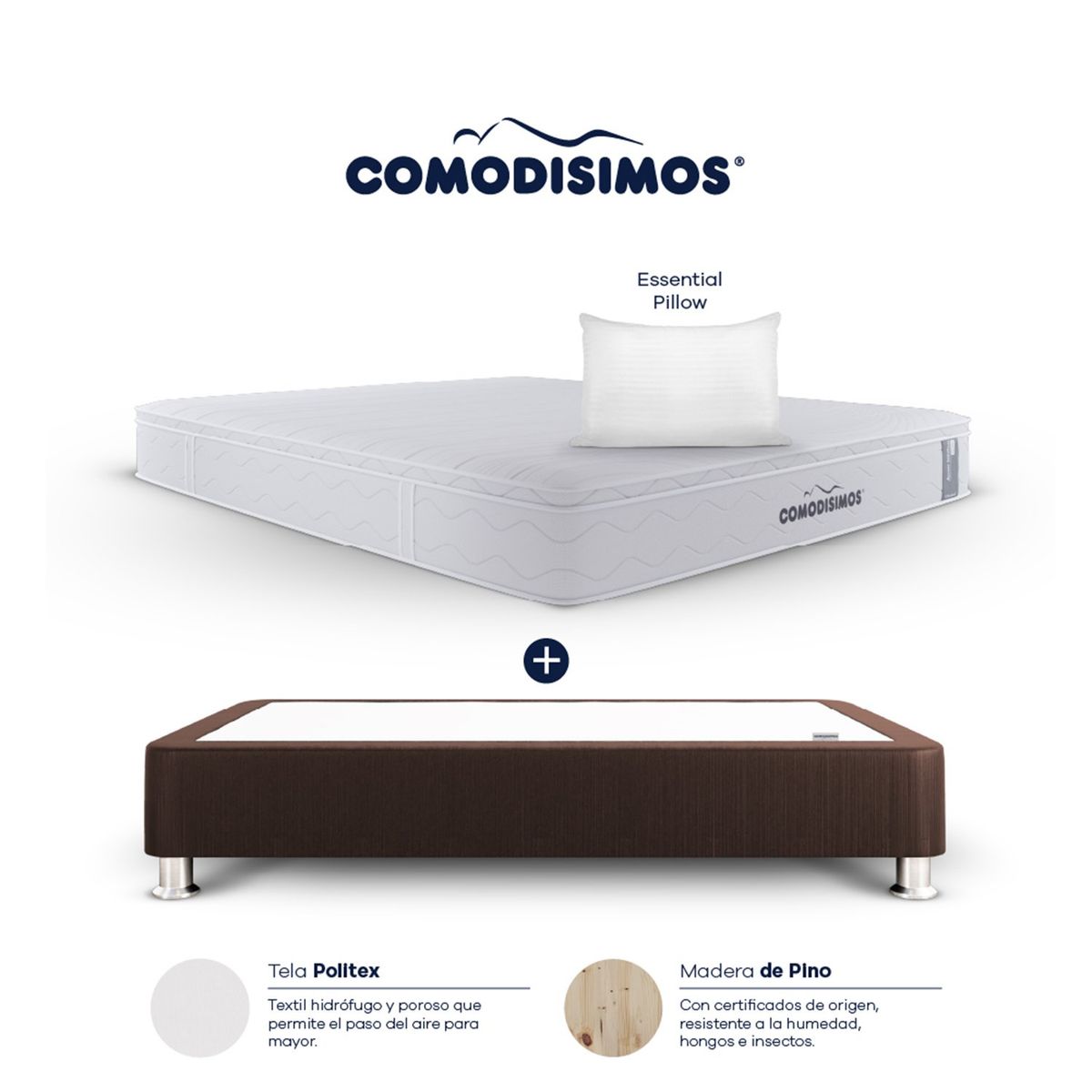 COMODISIMOS - Colchón con Base Cama Queen Firmeza Media Ortopédico Resortado con Pillow Línea Access 160 x 190 cm  + 2 Almohadas Comodisimos 