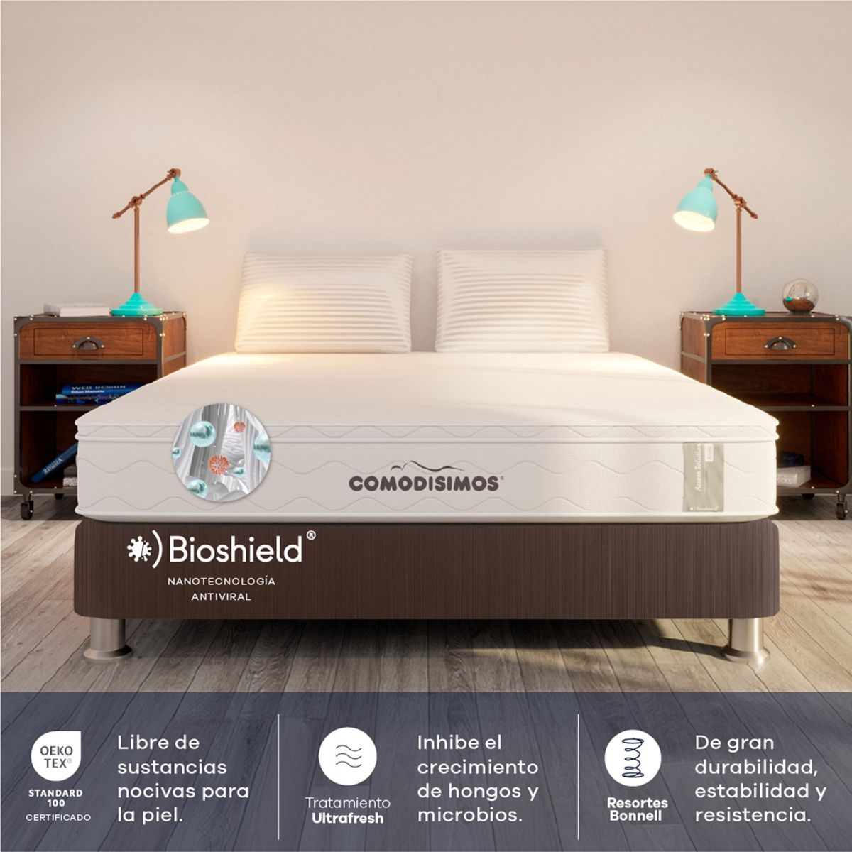 COMODISIMOS - Colchón con Base Cama Queen Firmeza Media Ortopédico Resortado con Pillow Línea Access 160 x 190 cm  + 2 Almohadas Comodisimos 
