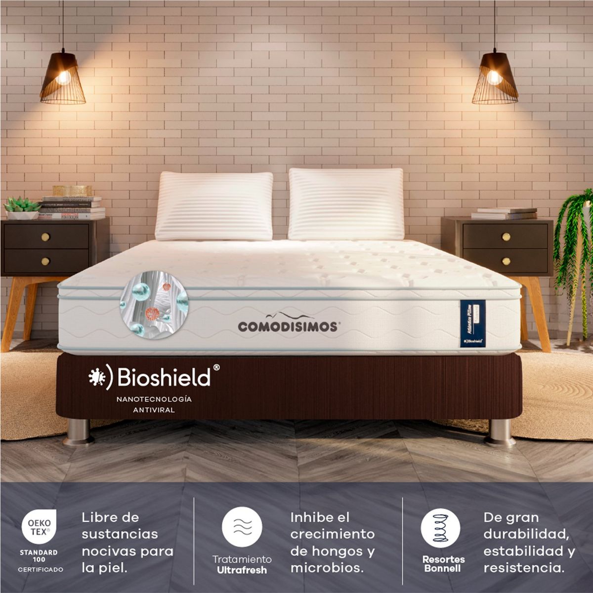 COMODISIMOS - Colchón con Base Cama Sencillo Firmeza Media Ortopédico Resortado con Pillow Atlántico 100 x 190 cm  + Almohada Comodisimos 
