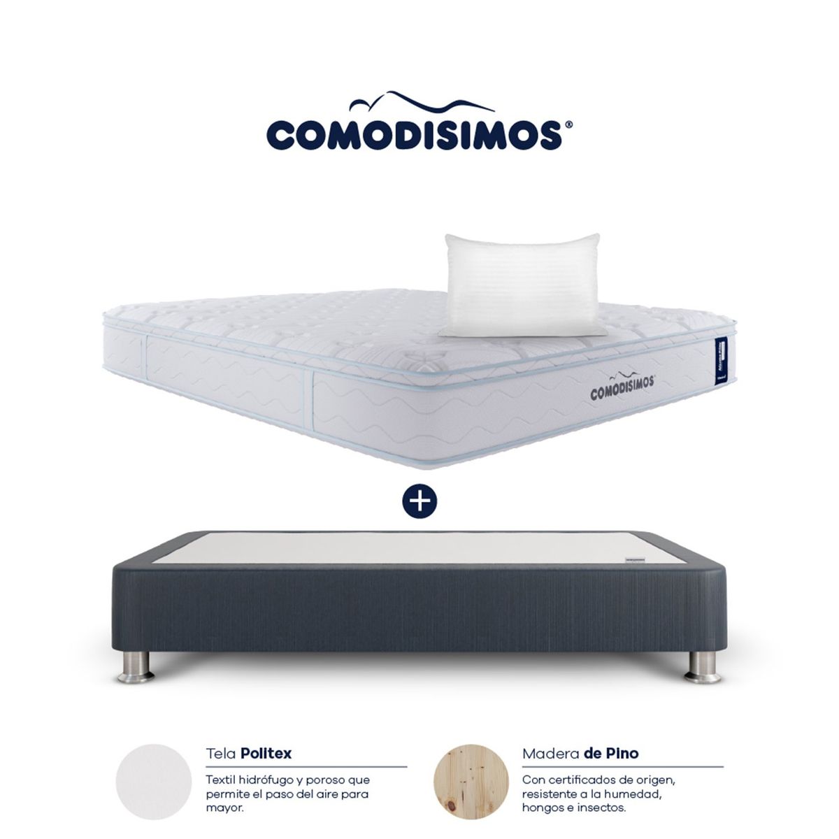 COMODISIMOS - Colchón con Base Cama Sencillo Firmeza Media Ortopédico Resortado con Pillow Atlántico 100 x 190 cm  + Almohada Comodisimos 