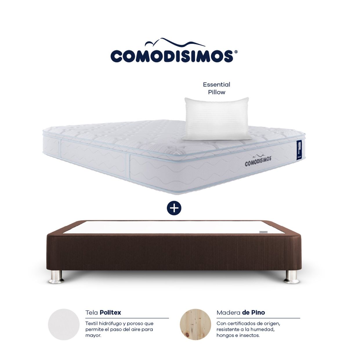 COMODISIMOS - Colchón con Base Cama Doble Firmeza Media Ortopédico Resortado con Pillow Atlántico 140 x 190 cm  + 2 Almohadas Comodisimos 