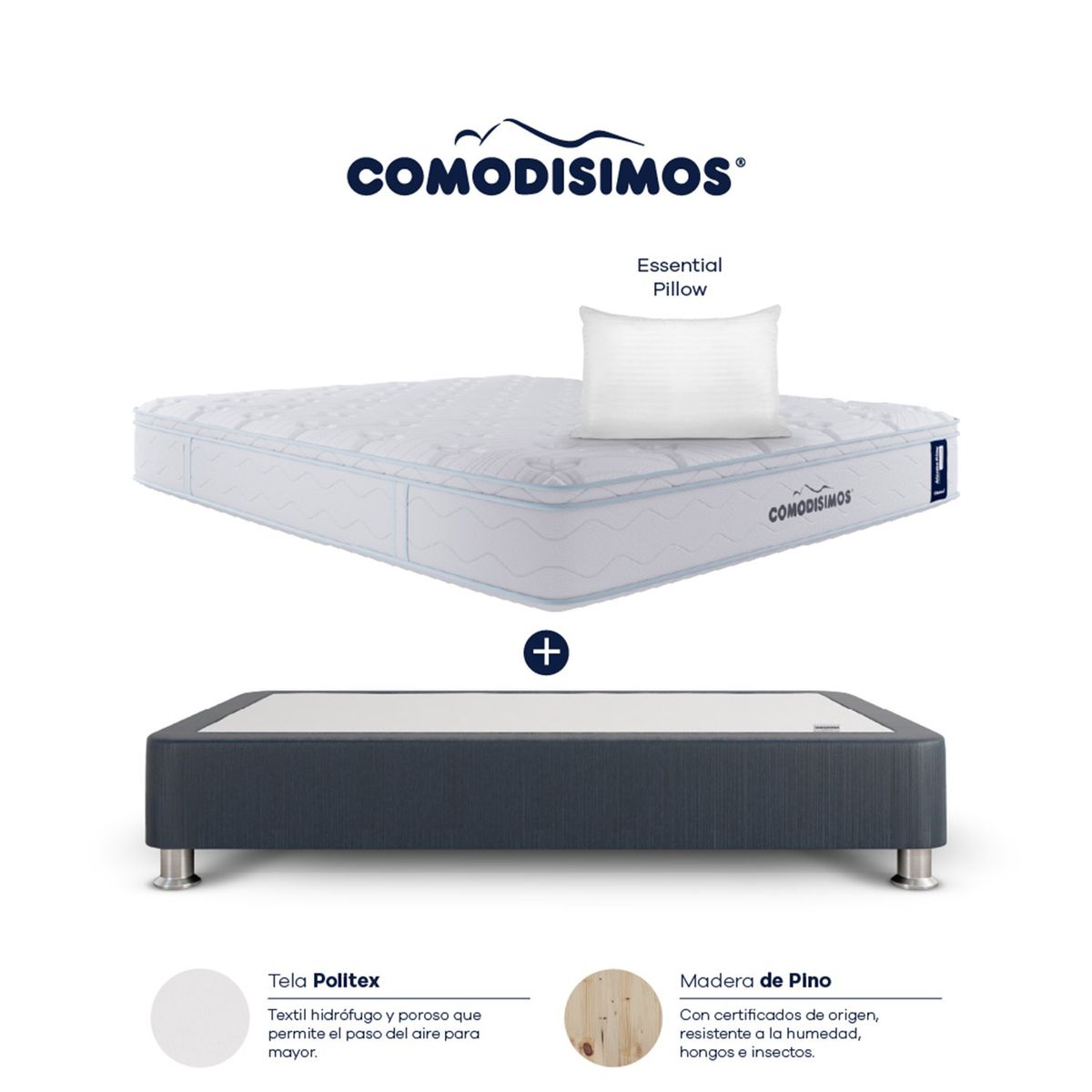 COMODISIMOS - Colchón con Base Cama Doble Firmeza Media Ortopédico Resortado con Pillow Atlántico 140 x 190 cm  + 2 Almohadas Comodisimos 