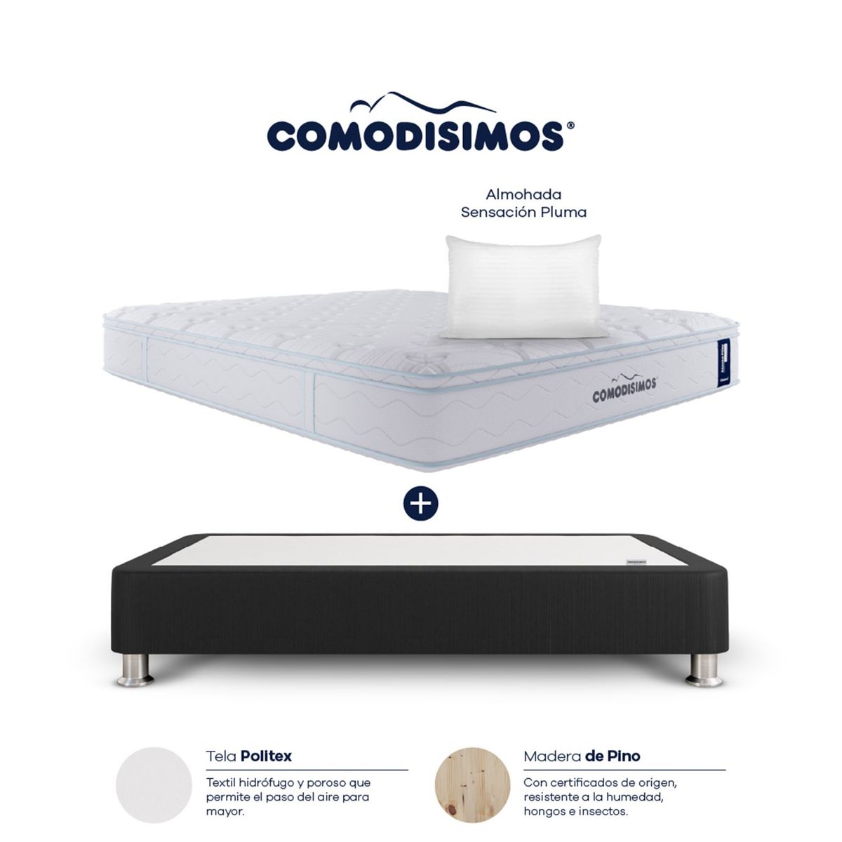 COMODISIMOS - Colchón con Base Cama Queen Firmeza Media Ortopédico Resortado con Pillow Atlántico 160 x 190 cm  + 2 Almohadas Comodisimos 